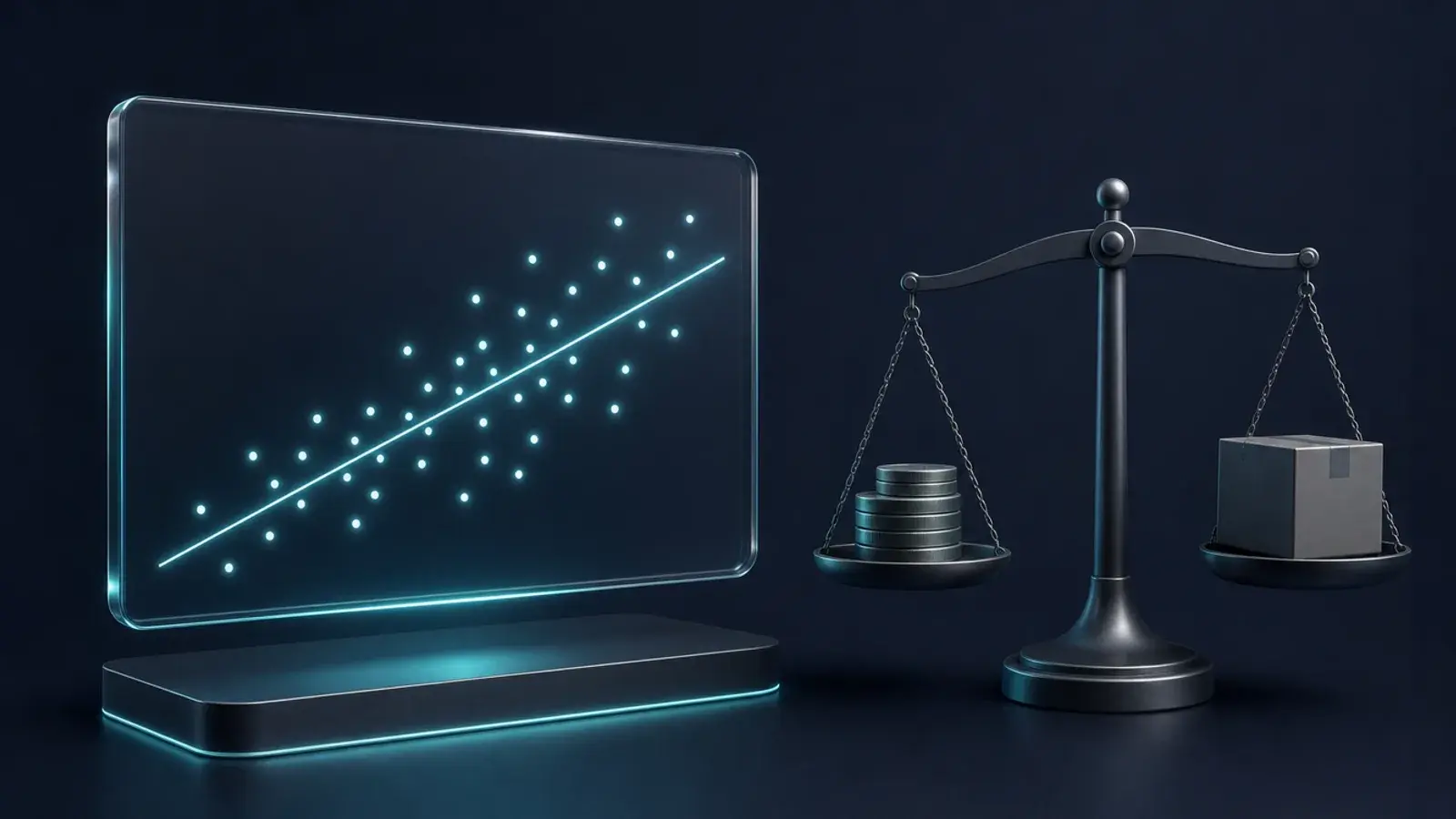 Glass scatter plot with a trend line beside a balance scale holding coins and a box