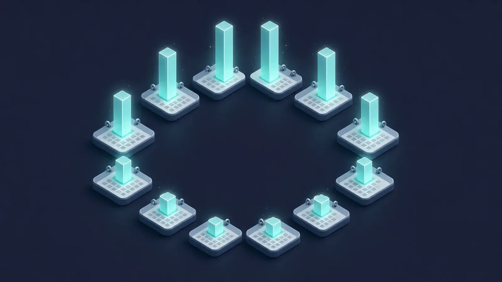 Ring of twelve calendar tiles with glowing bars of different heights showing a repeating seasonal pattern