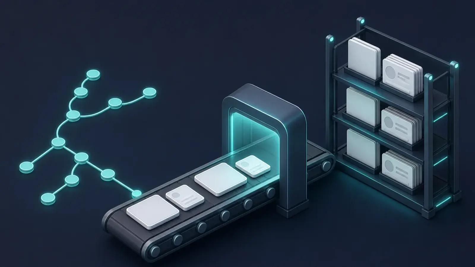 A branching version history feeding a conveyor that carries blank image cards through a scanner onto distribution shelves