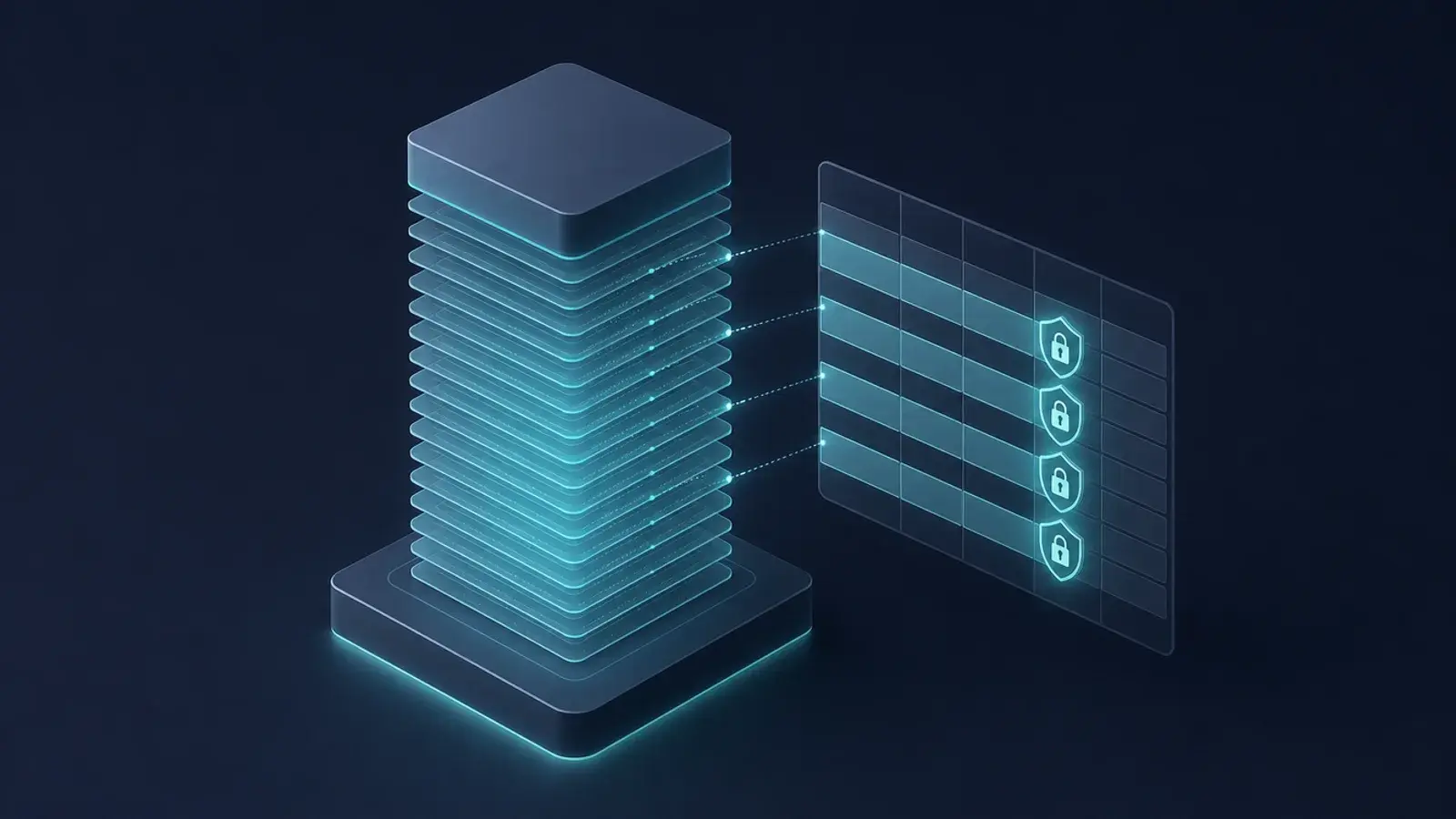 A tall stack of thin translucent layers building into a database beside a table grid with padlock shields on its rows