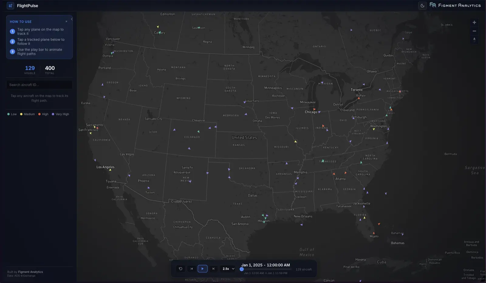 FlightPulse interactive map showing aircraft positions and flight paths