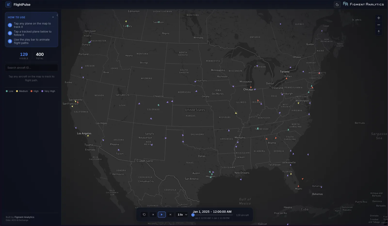 FlightPulse interactive map showing aircraft positions and flight paths